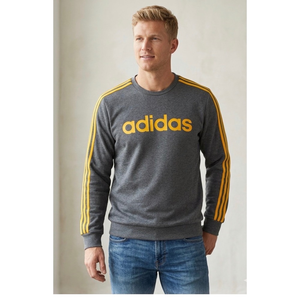 Adidas Mens Essentials 3-Stripe Crewneck Sweatshirt Gray Yellow Logo Large